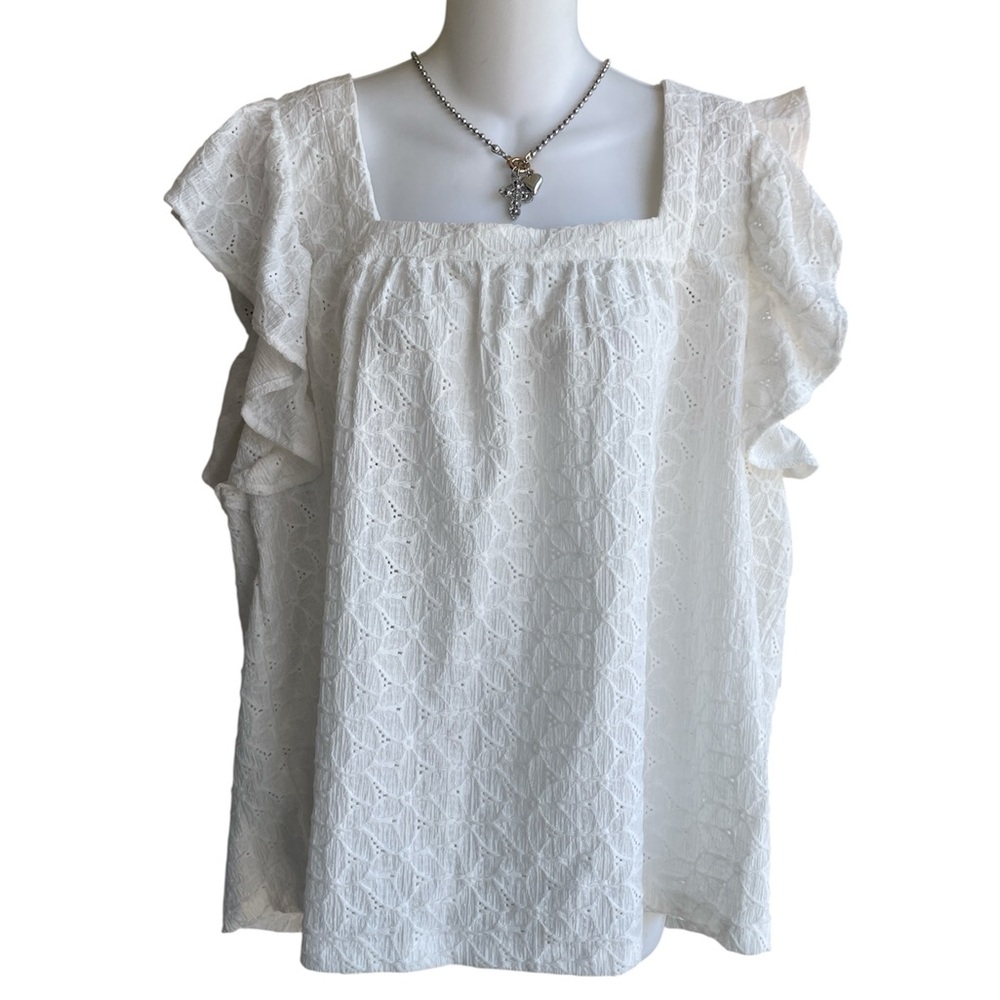 Maison Jules White Eyelet Top Blouse Flutter Sleeve Stretch Woman's 1X NWT